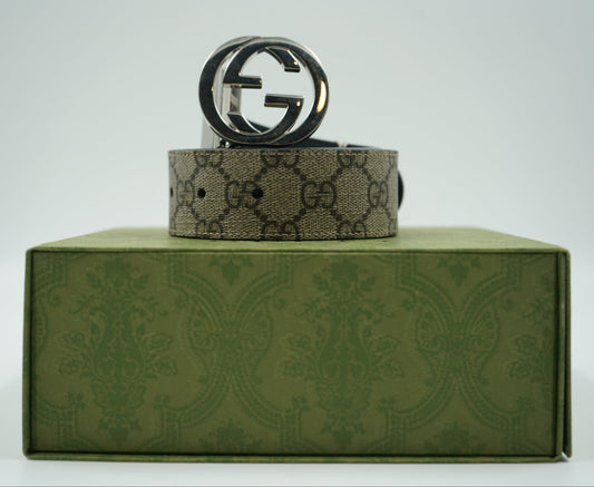 Gucci GG Beige Canvas Reversible Black Belt
