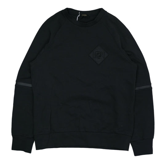 Fendi Black Logo Patch Knit-Zipper Black Crewneck