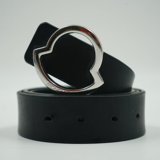 Moncler Silver Buckle Black Leather Belt