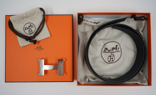 Hermes Navy Blue/Black H Logo Buckle Reversible Belt