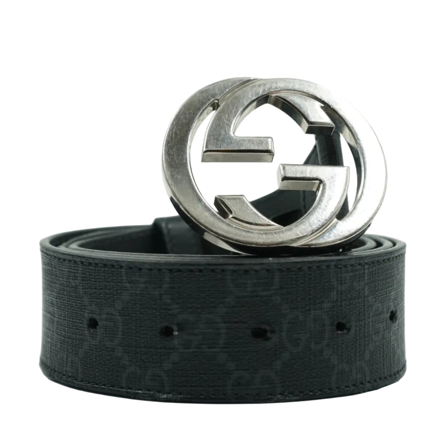 Gucci GG Logo Silver Buckle Black Belt