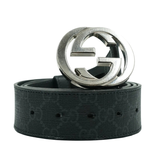 Gucci GG Logo Silver Buckle Black Belt