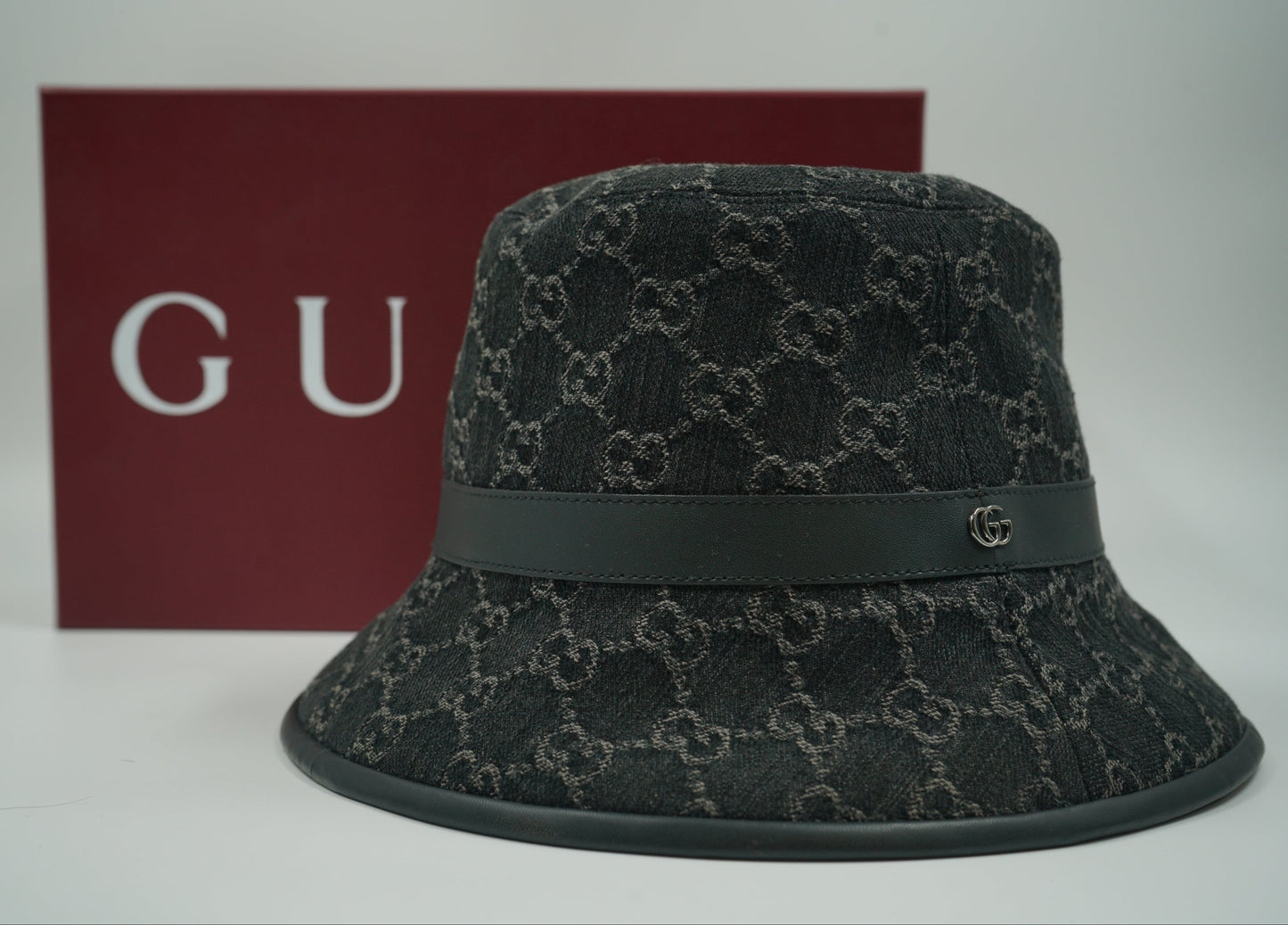 Gucci GG Logo Monogram Black Denim Bucket Hat