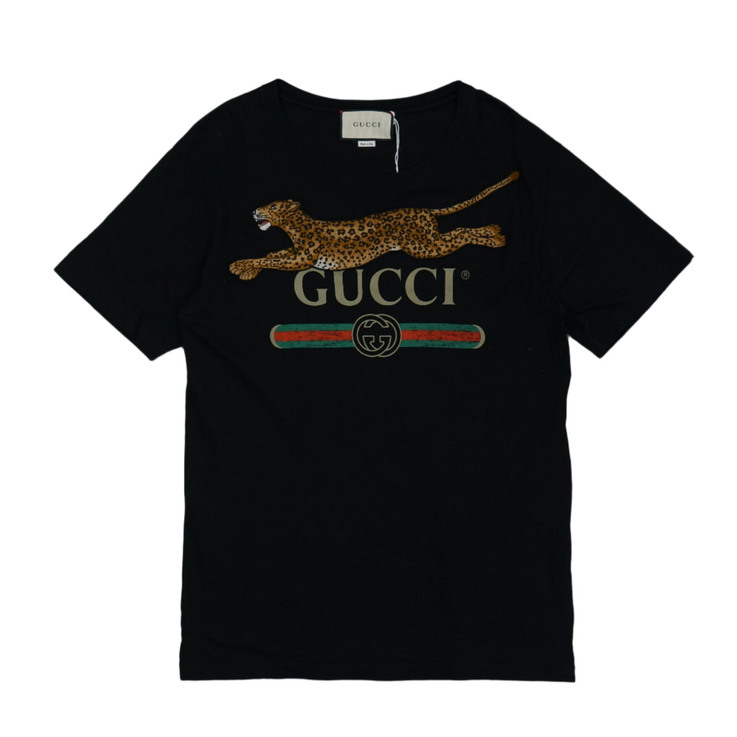 Gucci Embroidered Leopard Logo Black T-Shirt