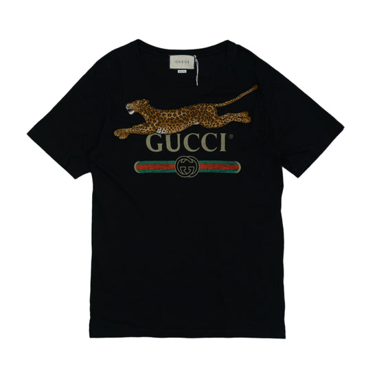 Gucci Embroidered Leopard Logo Black T-Shirt