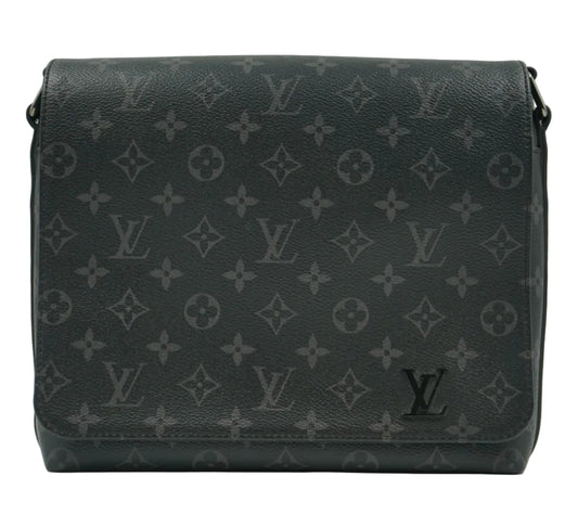 Pre-owned Louis Vuitton District messenger bag in Monogram Eclipse canvas with black LV logo on flap, front view