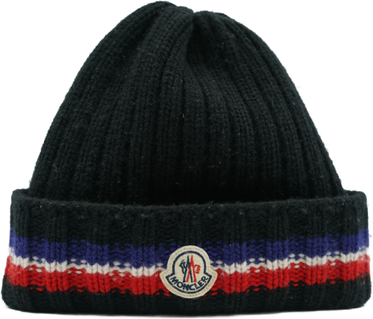 Moncler Knitted Red/White/Blue Stripe Black Beanie (Pre-owned)