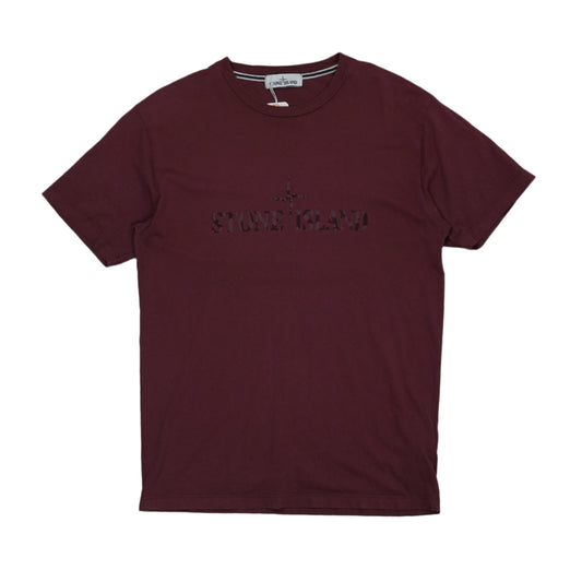 Stone Island Chest Logo Text Burgundy T-Shirt