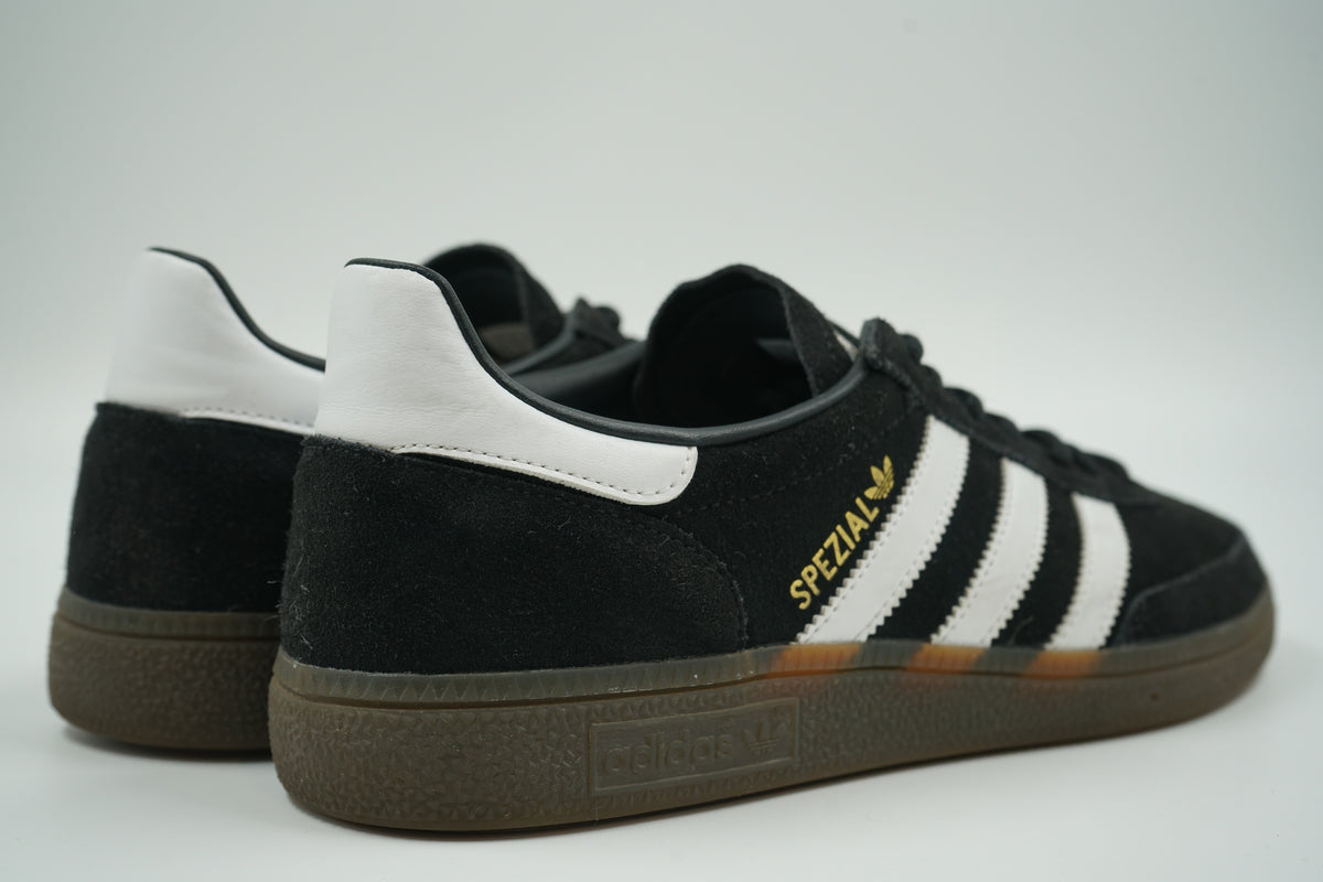 Pre-owned adidas Handball Spezial in black suede with white heel tab and gum sole, rear angle view