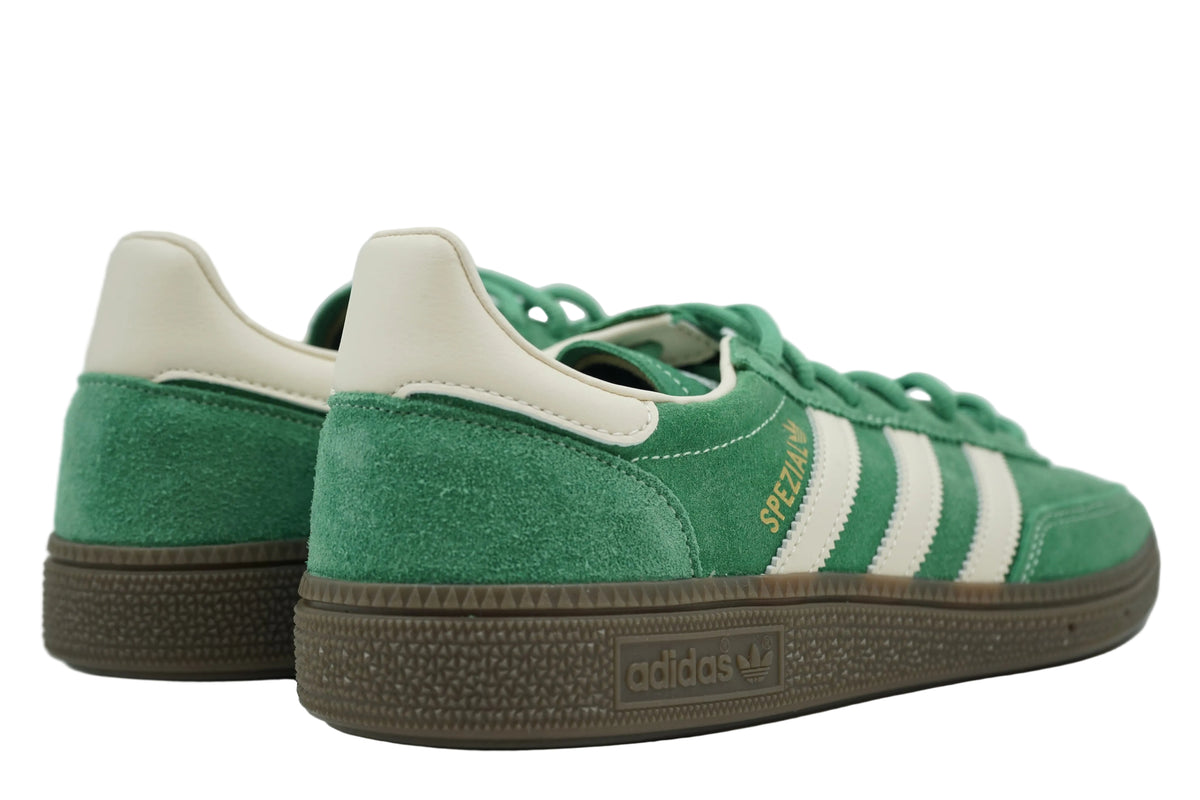 Brand new adidas Handball Spezial Preloved Green with cream leather heel tab and gum sole, rear view