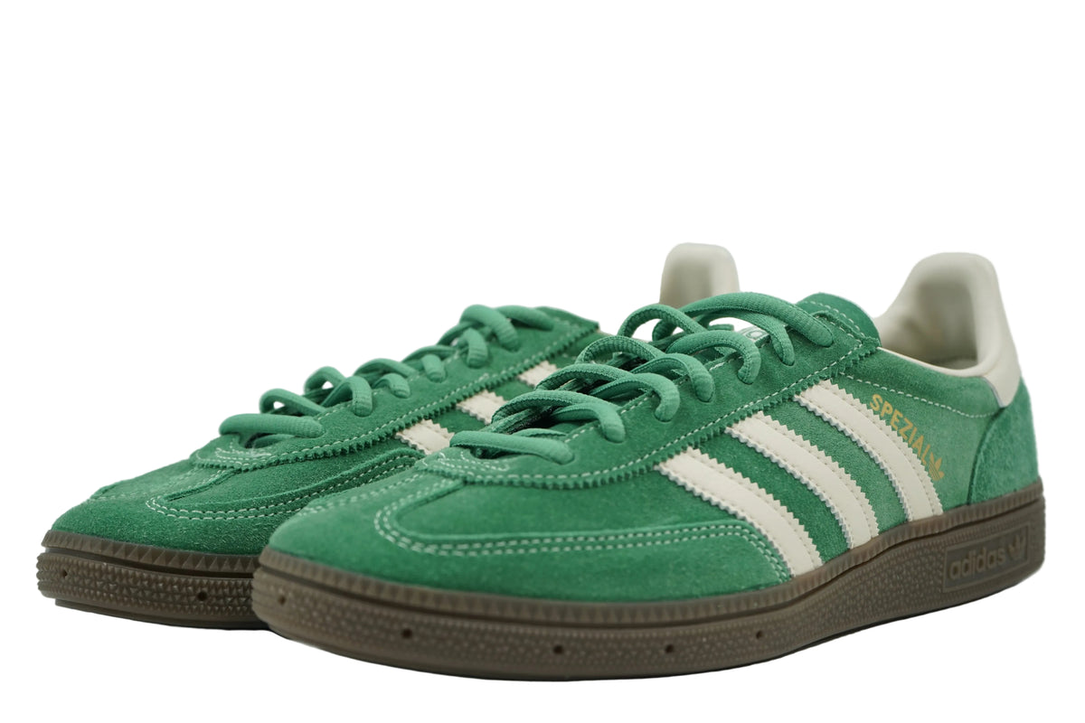 Brand new pair of adidas Handball Spezial Preloved Green with cream stripes and gold Spezial logo, front view