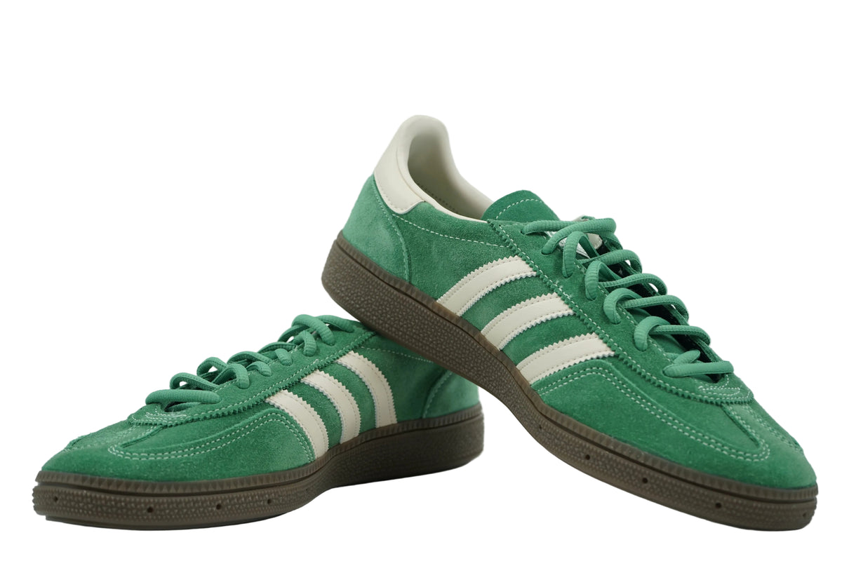 Brand new pair of adidas Handball Spezial Preloved Green in green suede with cream stripes and gum sole, side view