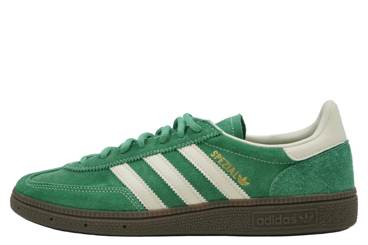 Brand new adidas Handball Spezial Preloved Green in green suede with cream stripes and gum sole, side view