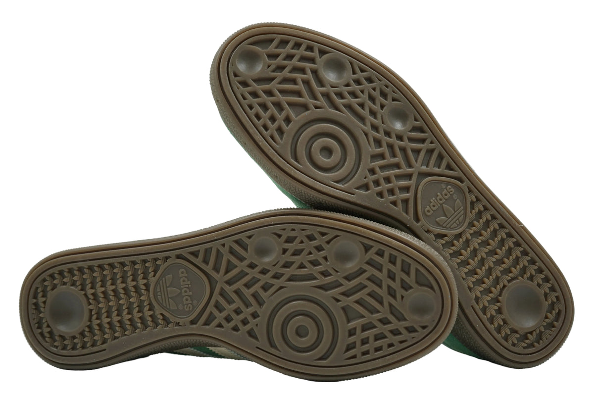 Unworn gum outsoles of adidas Handball Spezial Preloved Green with pivot circle and Trefoil logo