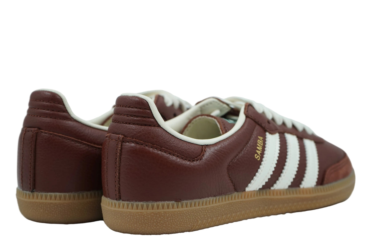 adidas Samba OG in brown tumbled leather with padded heel tab, cream lining and gum sole, back view