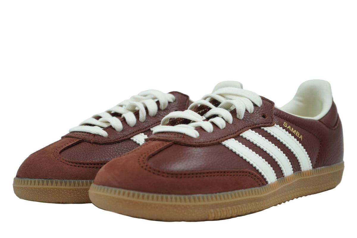 Pair of adidas Samba OG in brown leather with suede toe, cream stripes, cream laces and gum sole, front view