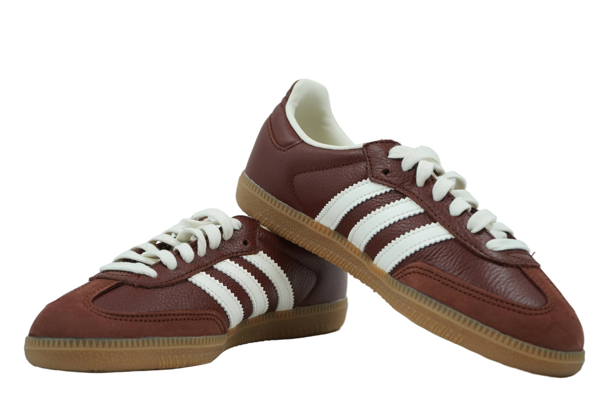 Pair of adidas Samba OG in brown tumbled leather with suede toe, cream stripes and gum soles