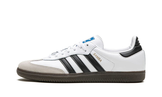 The iconic Adidas Samba OG in White and Core Black (b75806) with a suede T-toe and gum rubber sole. Available at our Malmö store or online.