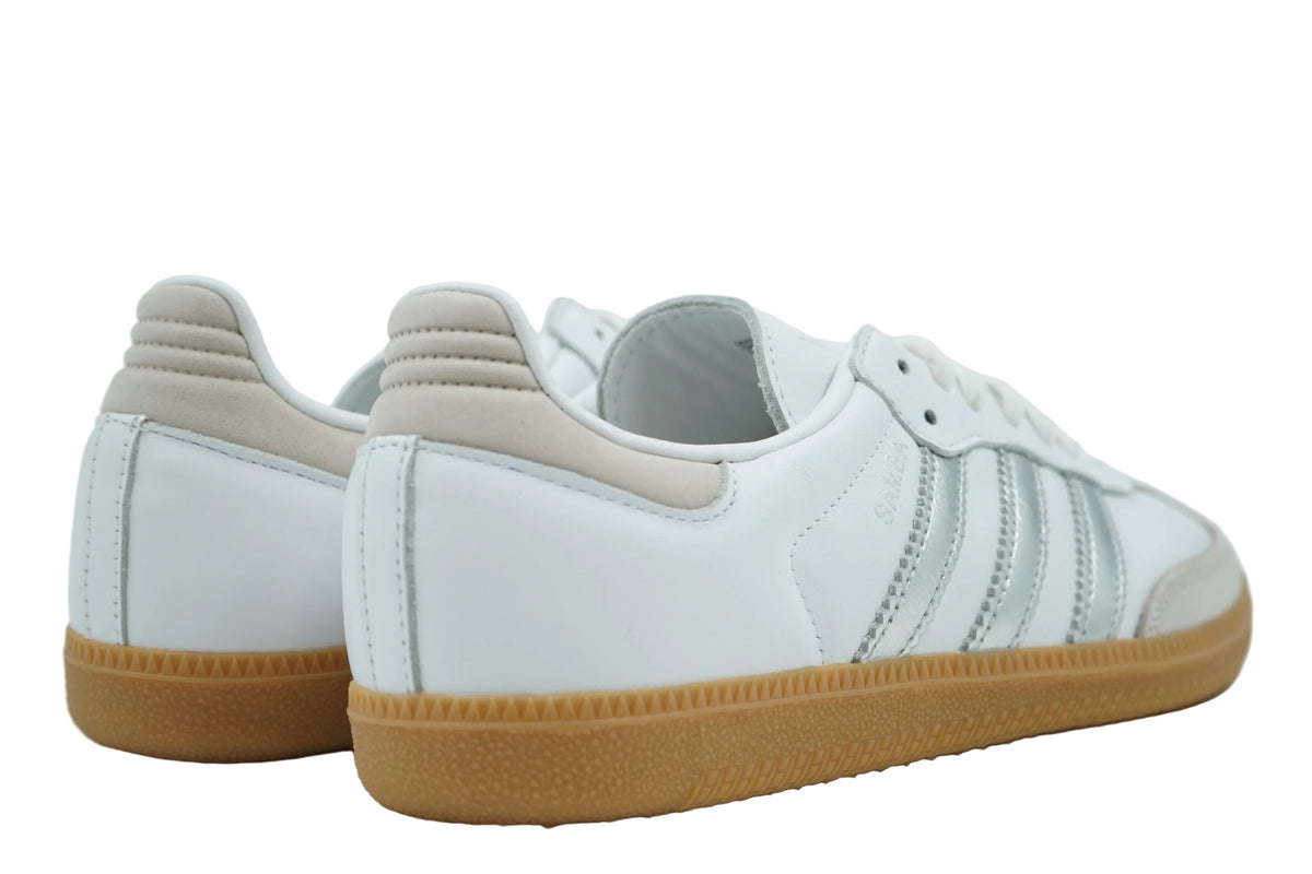 adidas Samba OG in white leather with grey suede heel tab, silver stripes and gum sole, back view