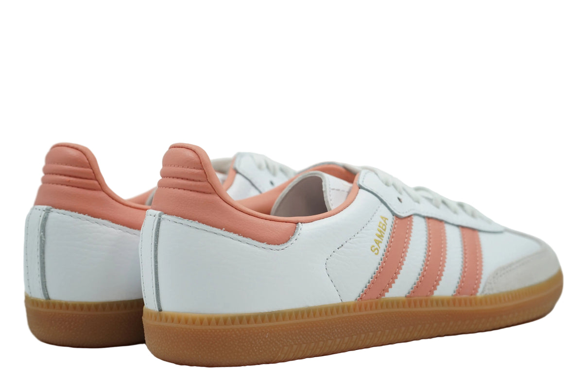 Women's adidas Samba OG in white leather with Wonder Clay heel tab, gold Samba branding and gum sole, rear view
