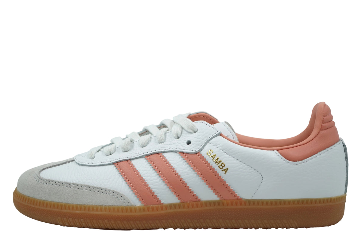 Women's adidas Samba OG in white leather with Wonder Clay pink stripes, grey suede toe and gum sole, side view
