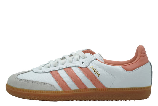 Women's adidas Samba OG in white leather with Wonder Clay pink stripes, grey suede toe and gum sole, side view
