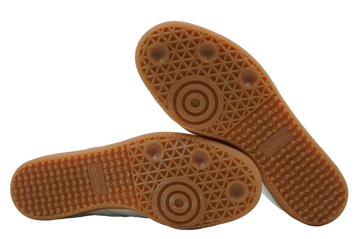 Gum outsoles of women's adidas Samba OG with pivot circle and adidas logo, very light wear