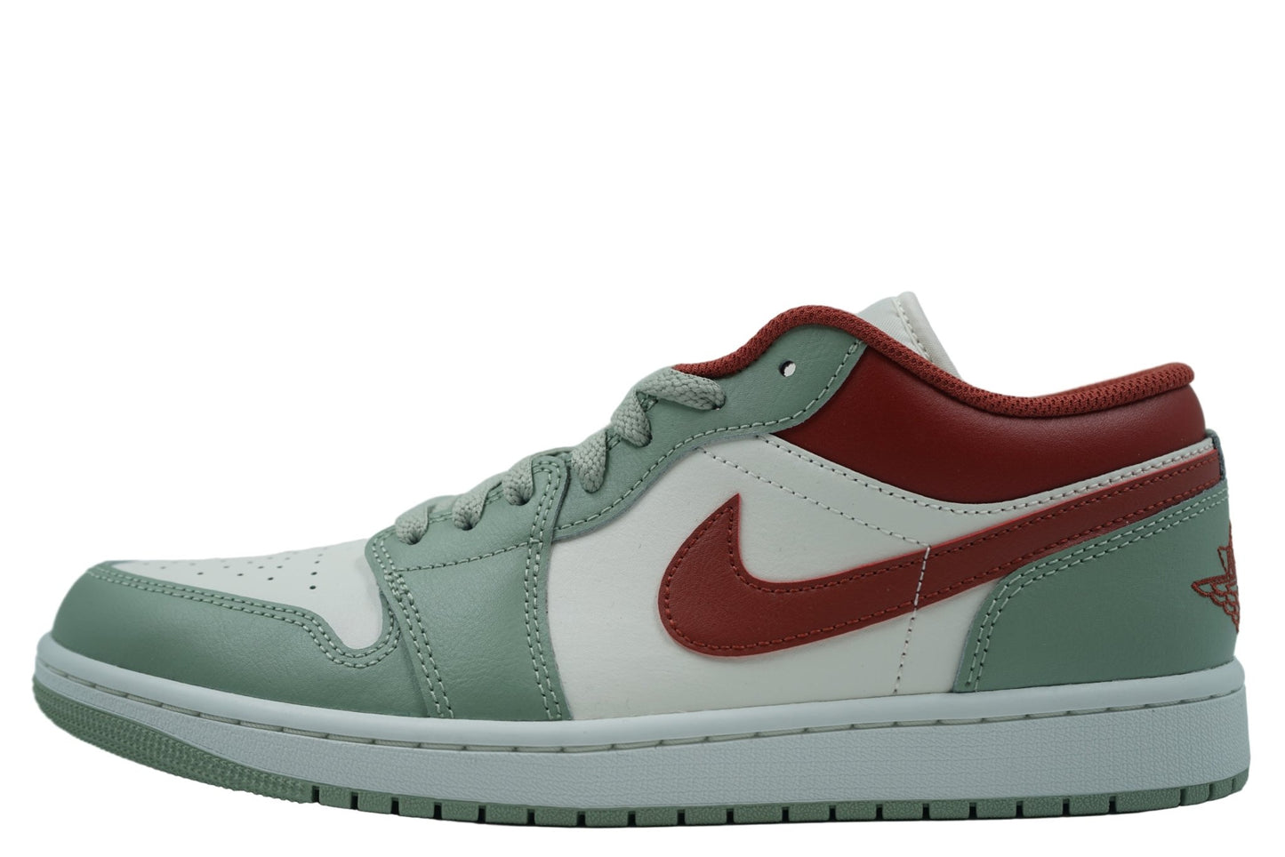 Air Jordan 1 Low 'Jade Horizon' featuring a smooth light green and white leather upper. Classic lifestyle sneaker available at our Malmö store.