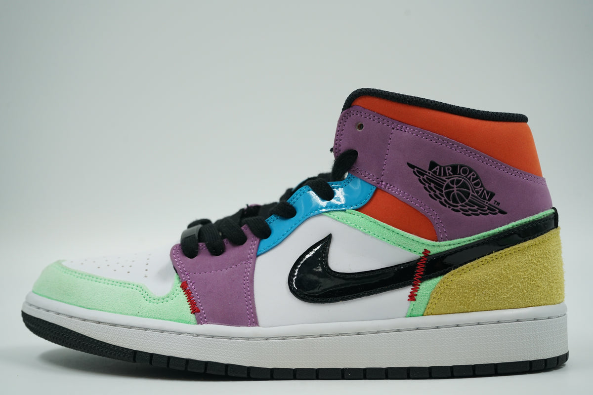 Pre-owned women’s Air Jordan 1 Mid SE Lightbulb with multicolour suede and patent leather upper, side view
