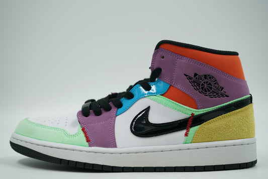Pre-owned women’s Air Jordan 1 Mid SE Lightbulb with multicolour suede and patent leather upper, side view