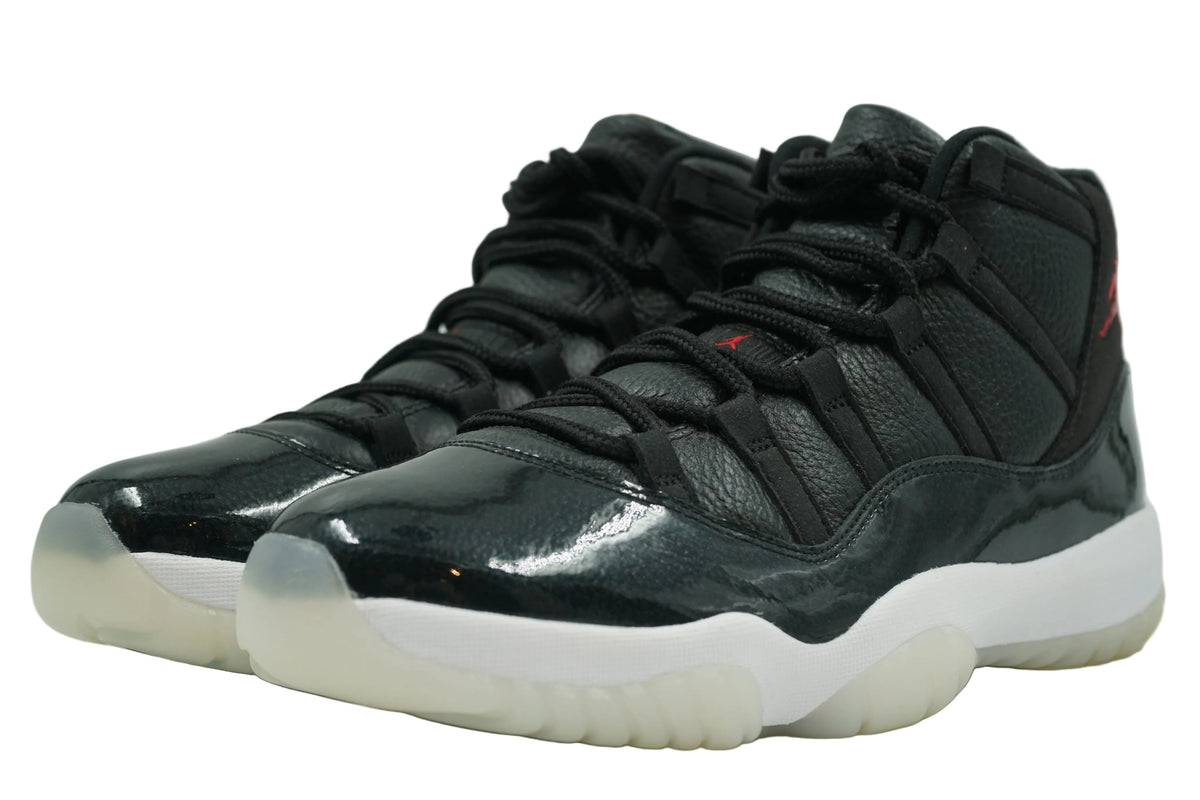Brand new Air Jordan 11 Retro 72-10, front view of black patent leather toe