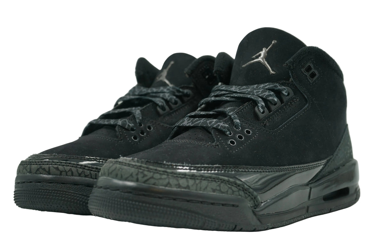 Brand new Air Jordan 3 Retro Black Cat (2025) (GS), front view with black elephant print toe cap