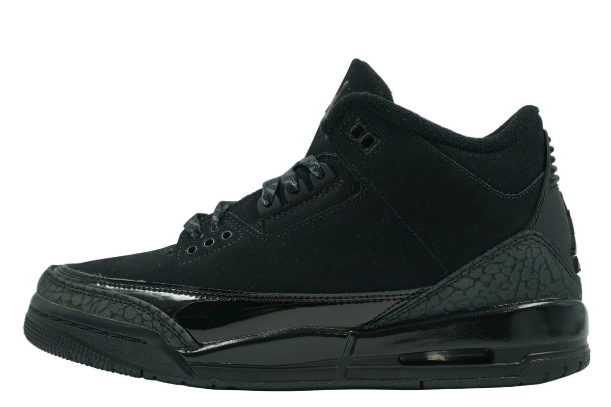 Brand new Air Jordan 3 Retro Black Cat (2025) (GS) DM0967-001 in black nubuck with patent leather mudguard, side view