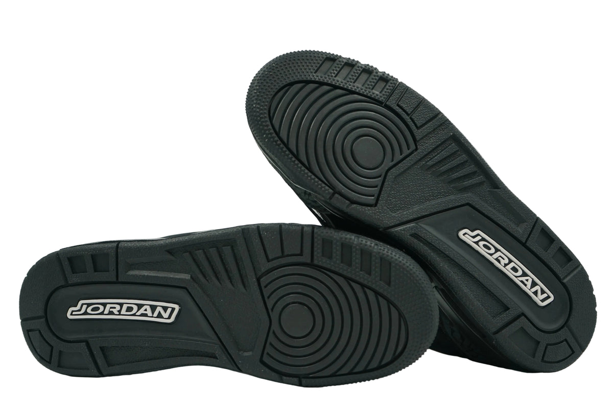 Outsoles of brand new Air Jordan 3 Retro Black Cat (2025) (GS), black rubber tread with visible Air unit