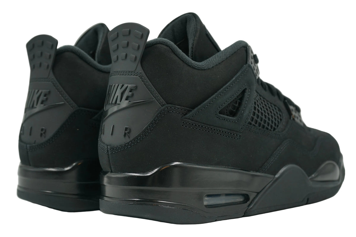 Brand new Air Jordan 4 Black Cat 2025 with tonal Nike Air branding on black heel tab, rear view
