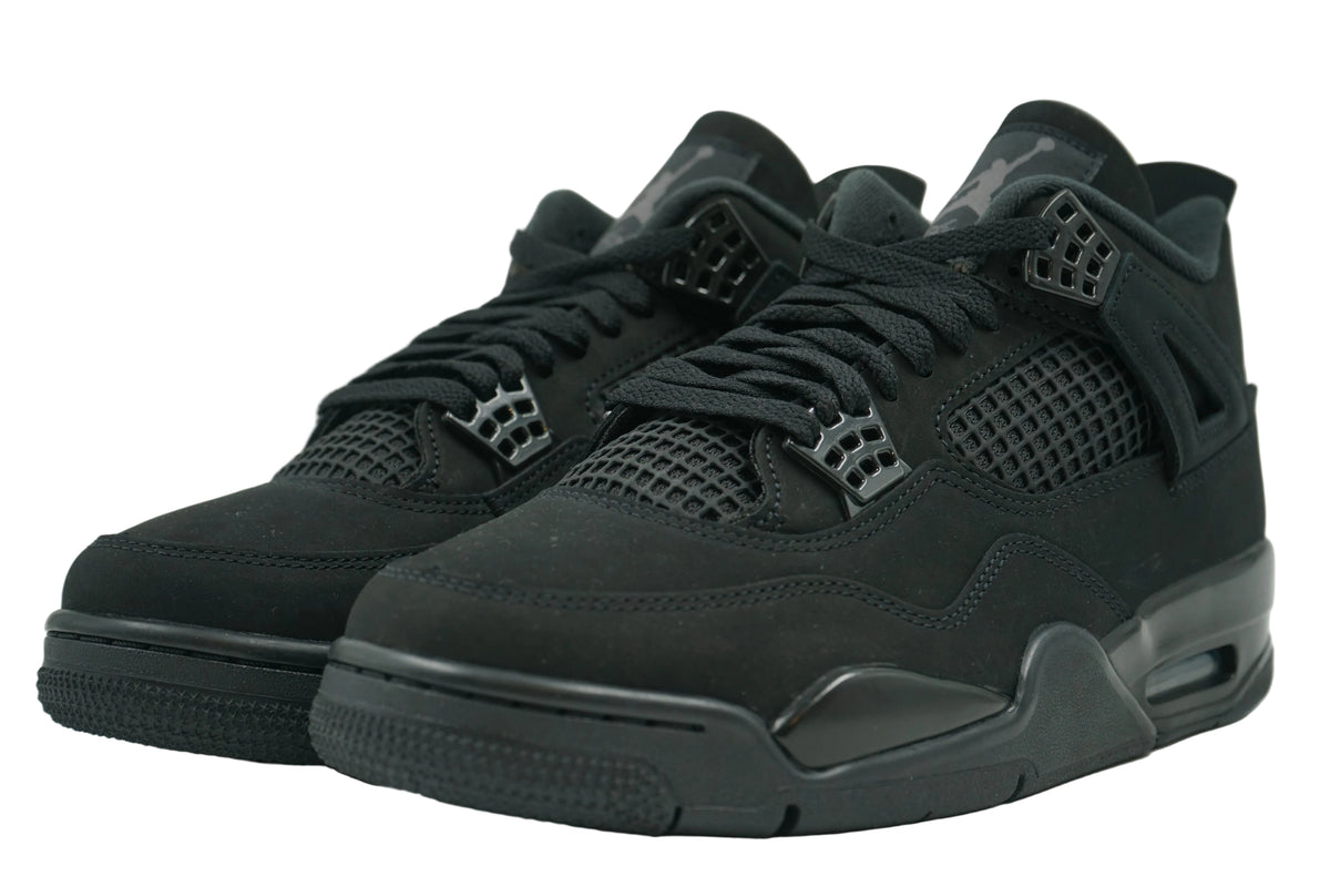 Brand new pair of Air Jordan 4 Black Cat 2025 in black nubuck with graphite Jumpman on tongue, front view