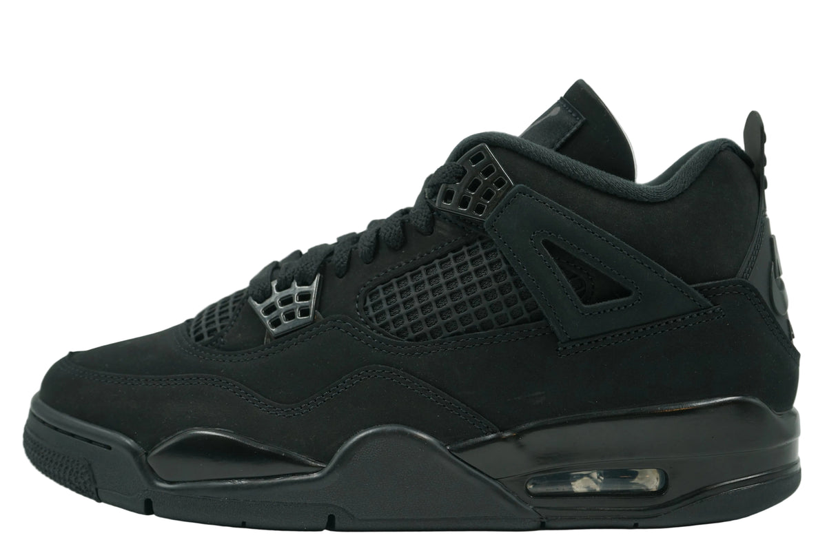 Brand new Air Jordan 4 Black Cat 2025 in all-black nubuck with black eyelets and Air unit, side view