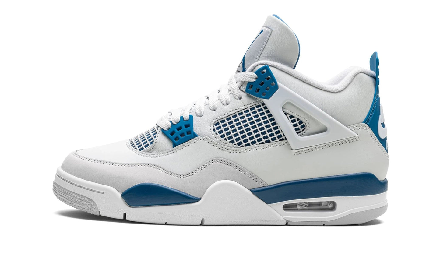 Air Jordan 4 Retro Military Blue 2024 (Industrial Blue) featuring the OG Nike Air heel branding (FV5029-141). Authentic pair available at our Malmö store and online.