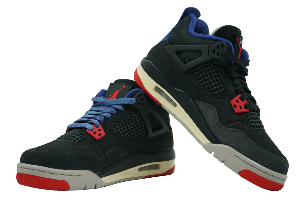 Pair of brand new Air Jordan 4 Retro Rare Air (GS) in black, grey, Fire Red and Deep Royal Blue