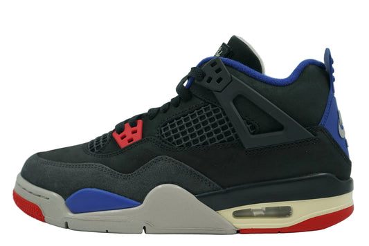 Brand new Air Jordan 4 Retro Rare Air (GS) IB4171-003 in black with Fire Red and Deep Royal Blue accents, side view