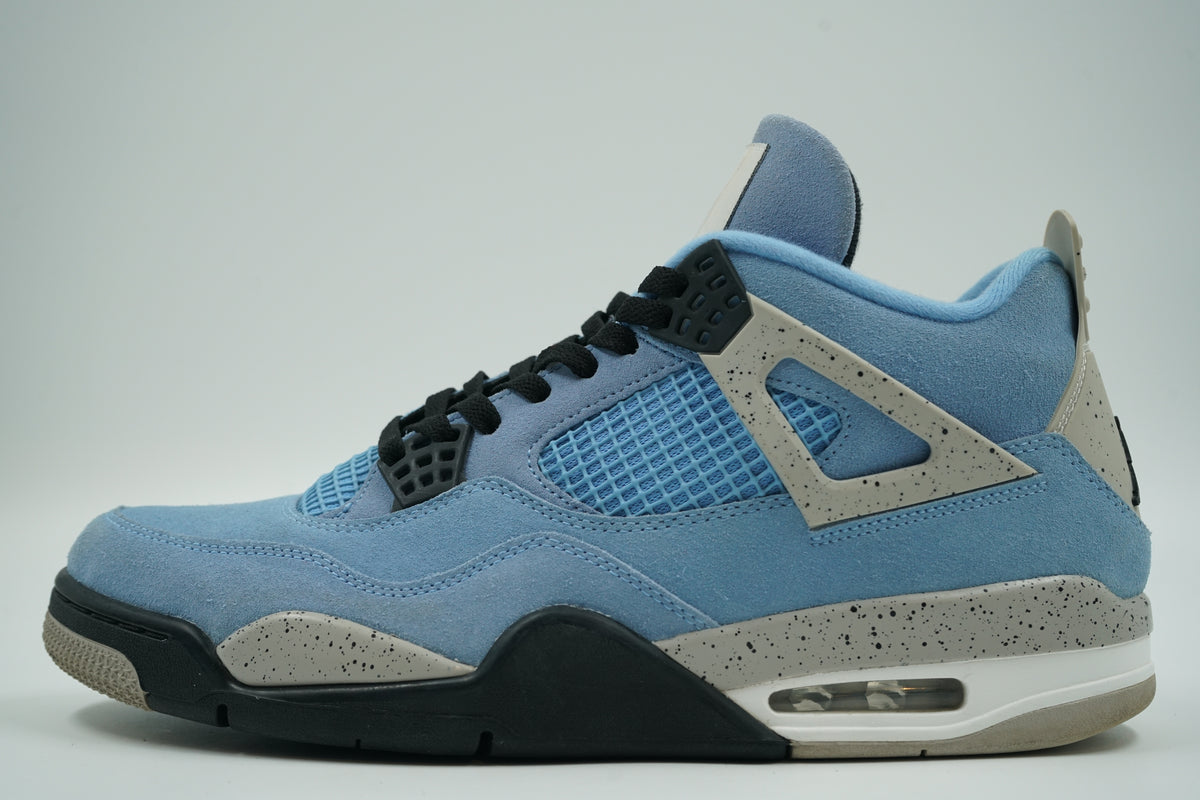 Pre-owned Air Jordan 4 Retro University Blue in blue suede with grey speckled details, side view