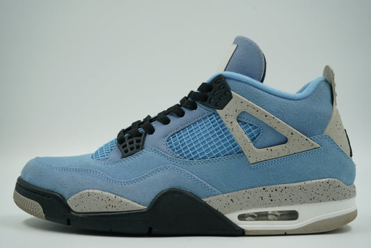 Pre-owned Air Jordan 4 Retro University Blue in blue suede with grey speckled details, side view