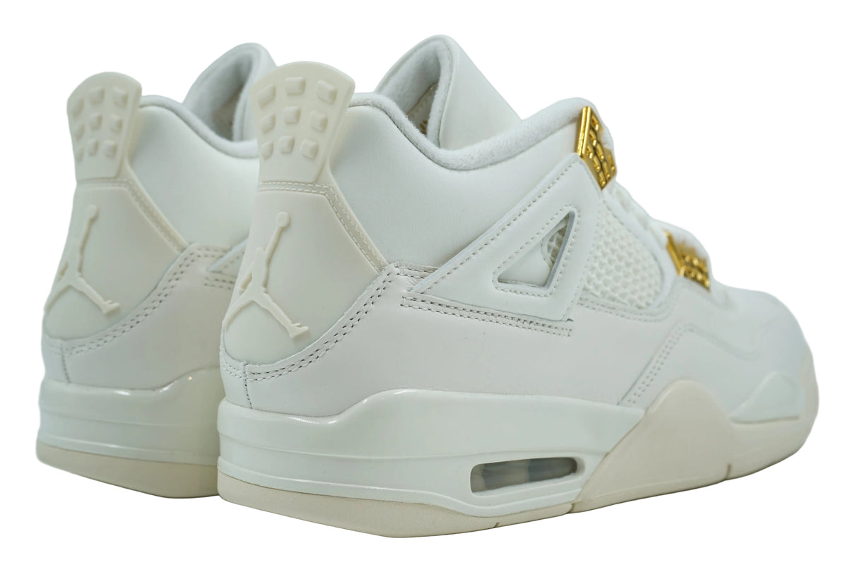 Brand new women's Air Jordan 4 Metallic Gold with tonal sail heel tab, embossed Jumpman and Air unit, rear view