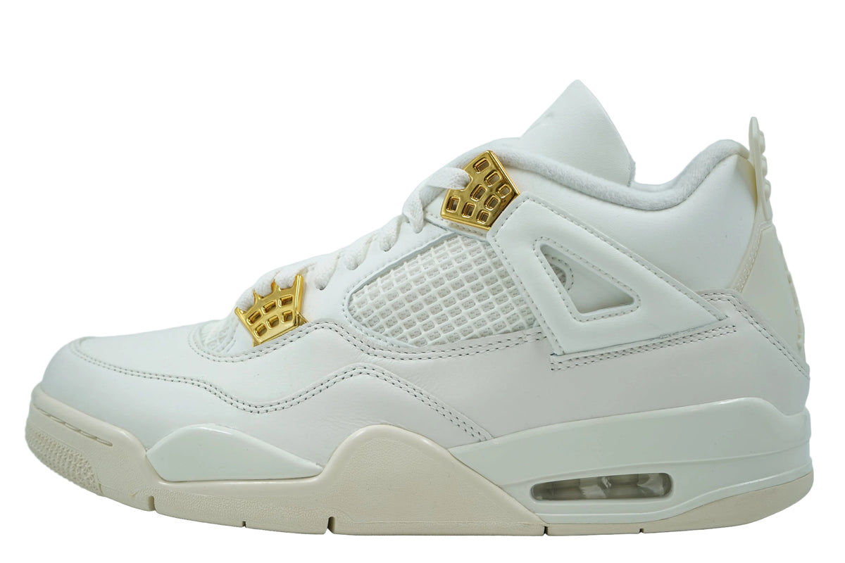 Brand new women's Air Jordan 4 Metallic Gold in white and sail leather with gold eyelets, side view