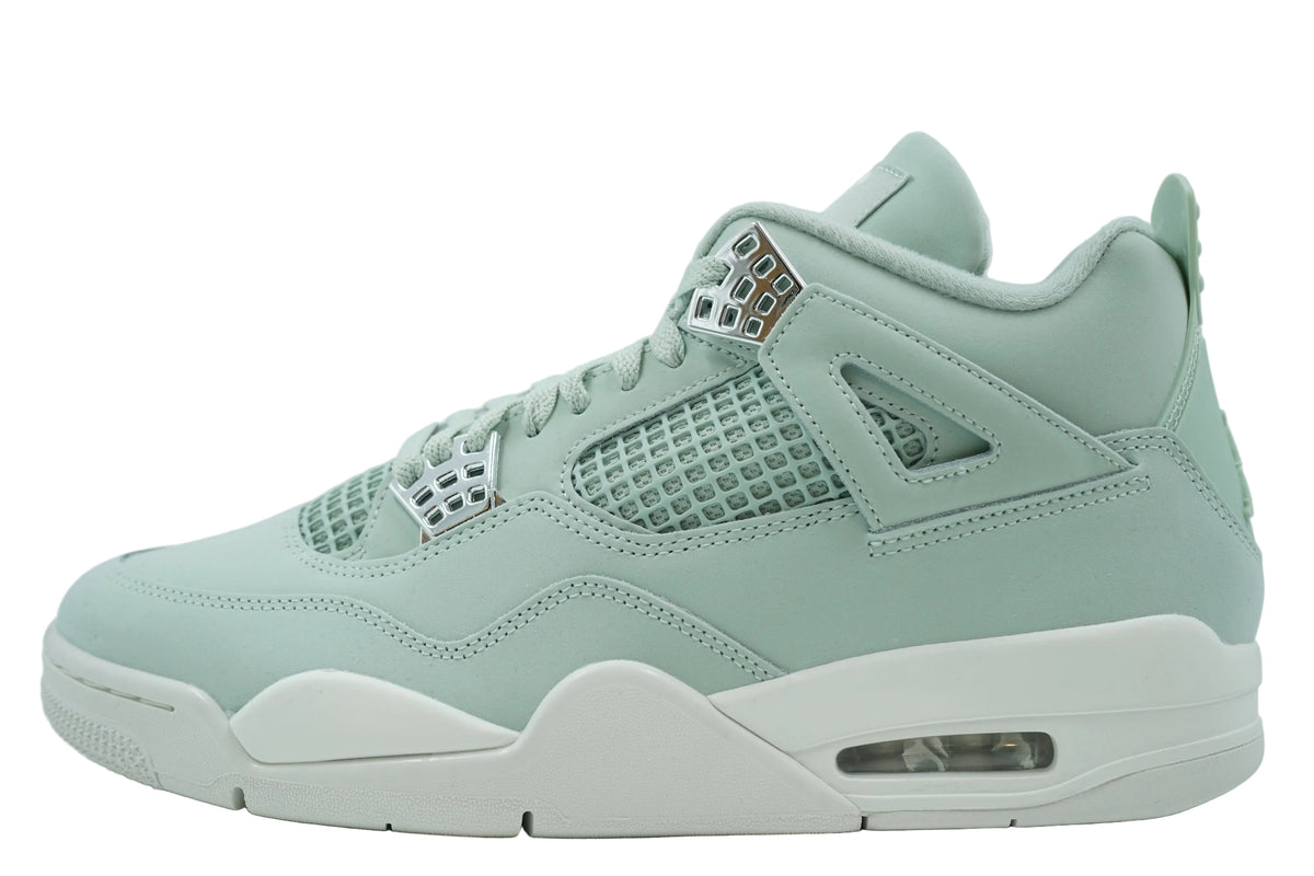 Brand new women's Air Jordan 4 Seafoam in mint green nubuck with silver eyelets and sail midsole, side view