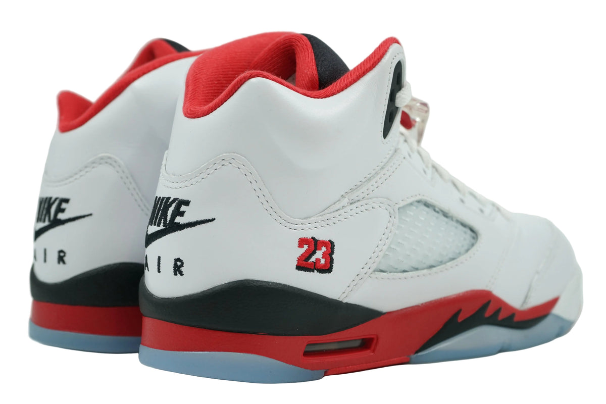 Brand new Air Jordan 5 Retro Fire Red Black Tongue (2025) (GS), back view with Nike Air heel branding