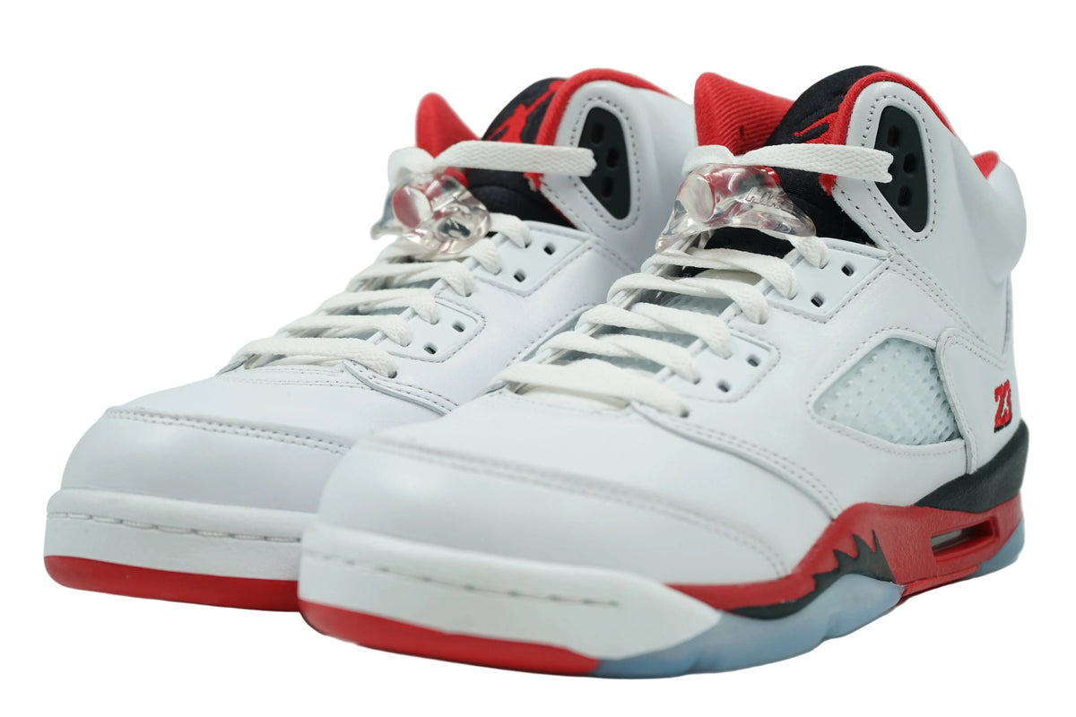 Brand new Air Jordan 5 Retro Fire Red Black Tongue (2025) (GS), front view with black tongue