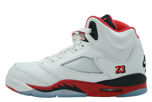 Brand new Air Jordan 5 Retro Fire Red Black Tongue (2025) (GS) HQ7980-101 in white leather, side view