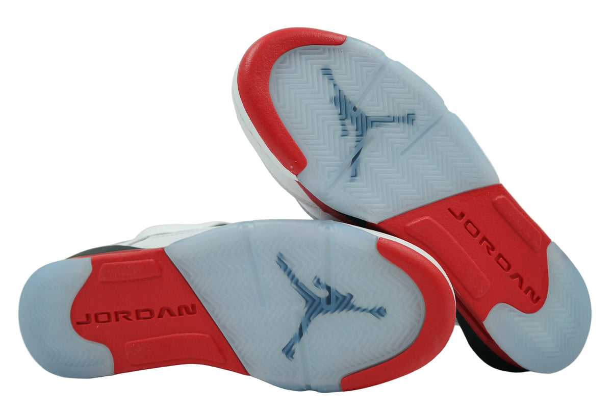 Icy outsoles of brand new Air Jordan 5 Retro Fire Red Black Tongue (2025) (GS) HQ7980-101