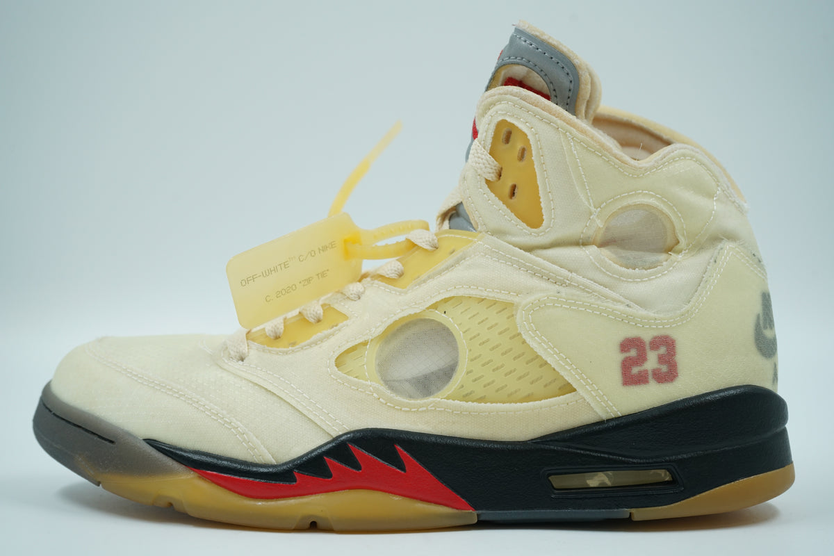 Pre-owned Air Jordan 5 SP Off-White Sail DH8565-100 in Sail with Fire Red accents, side view